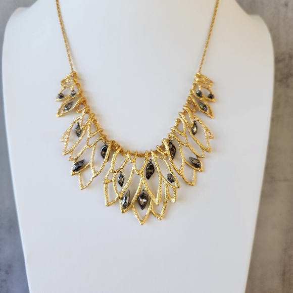 Alexis Bittar Jewelry - Alexis Bittar Lacy Leaf Gold Tone Bib Statement Necklace with Rhodium Crystals